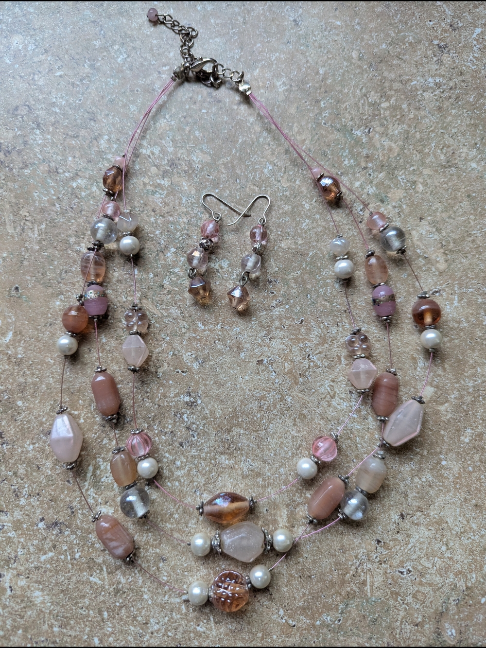 Multi-Strand Pink Beaded Necklace and Earrings Set